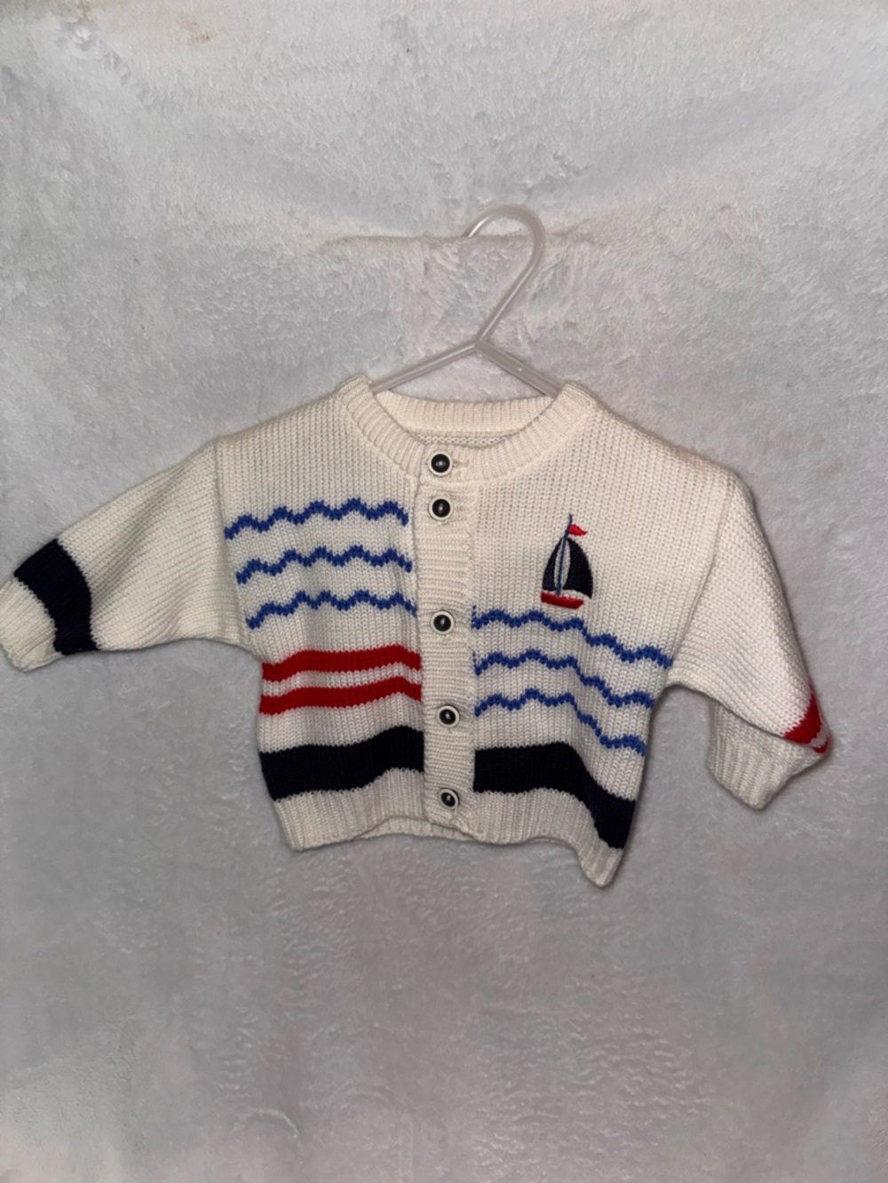 Cream hand Knit Sweater with Navy and Red Stripes and little sailboat